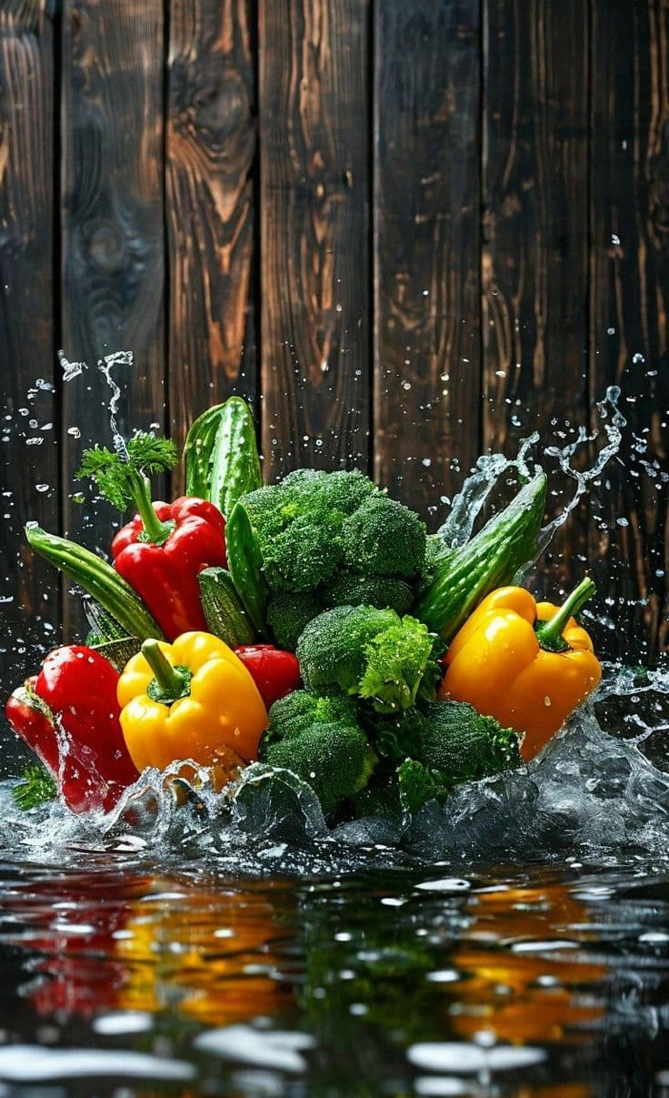Fresh vegetables with water splash